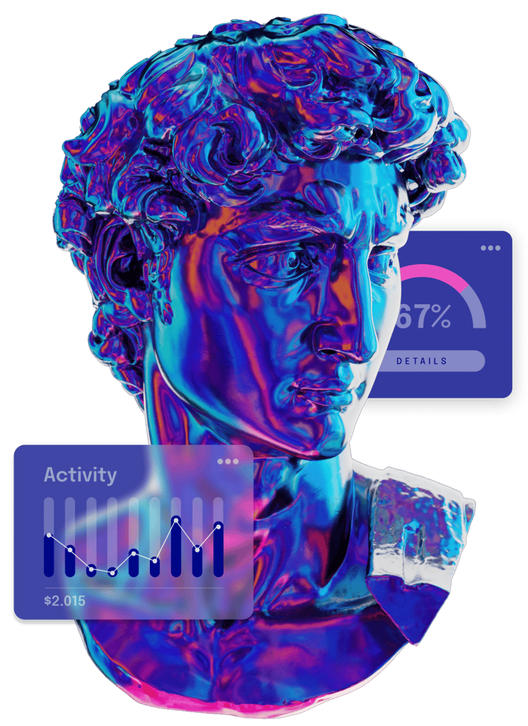 a sculpture of a head of a man with a phone in front of a credit