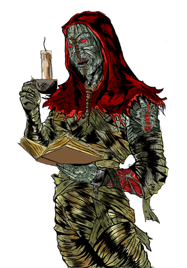 Monster host a man in a costume with a Horror book 