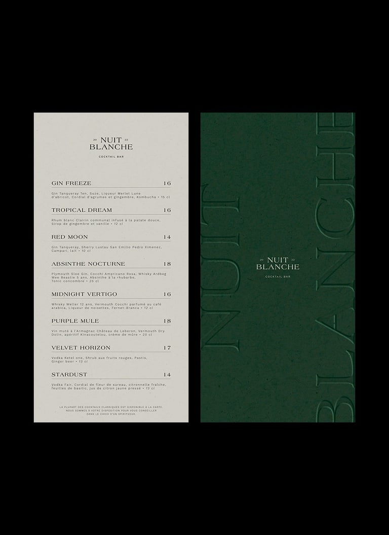 Nuit blanche restaurant bar à Paris, identité visuelle, déclinaison print, menu, invitation et flyer