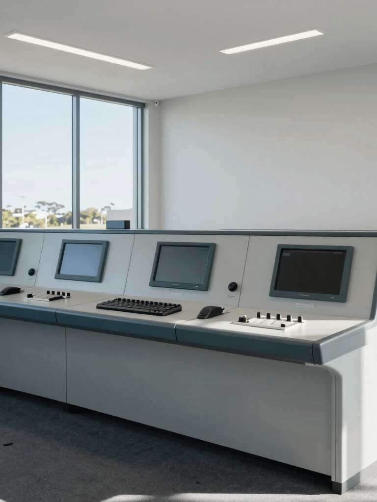 Clean architectural photography of a modern Australian utility control room, bright natural daylight, cool desaturated tones, sharp focus, 35mm