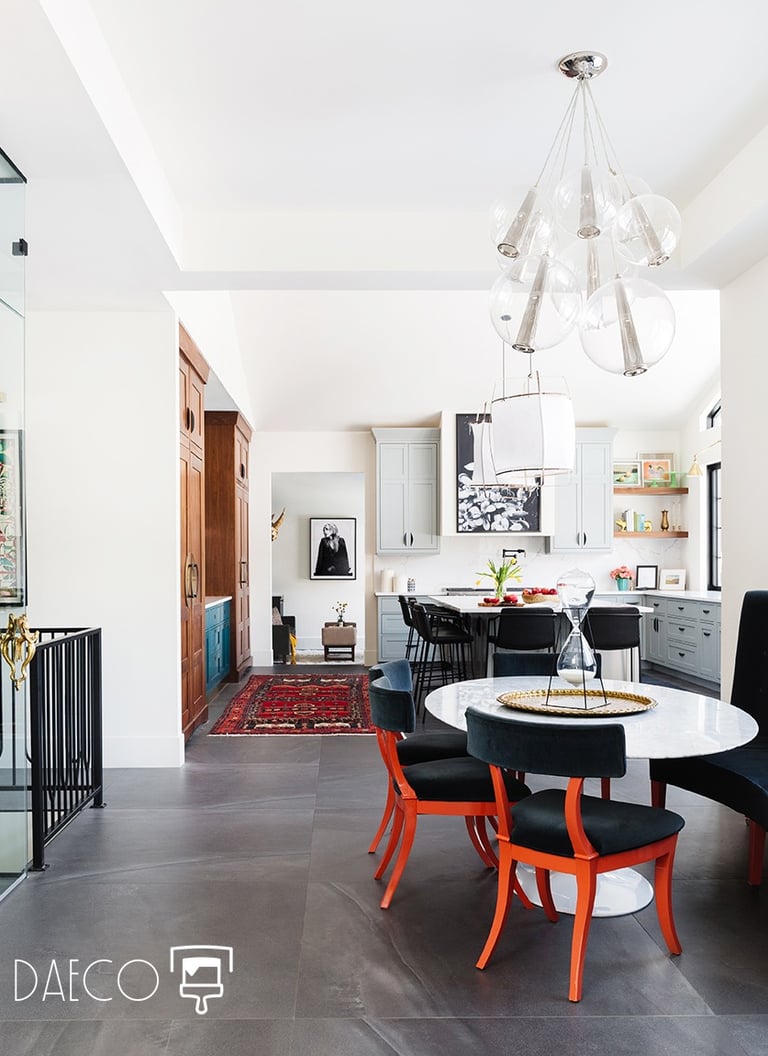 a designer dining room with a table and chairs daeco painting