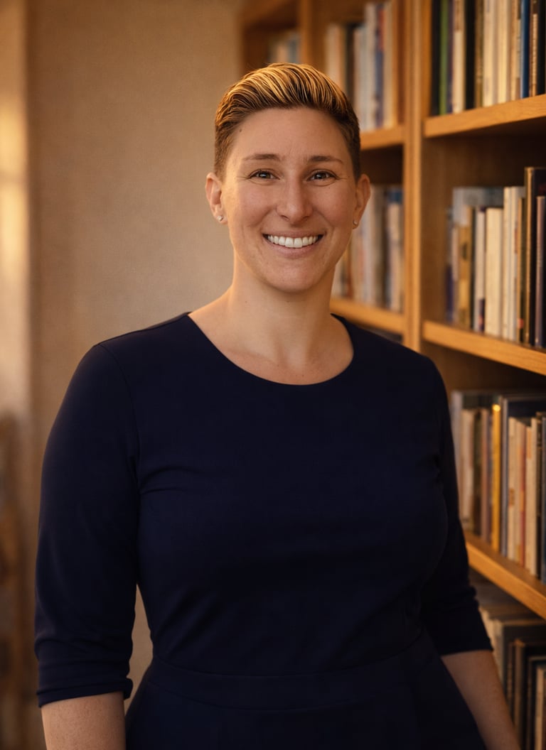 a woman in a blue dress standing in front of a bookcase