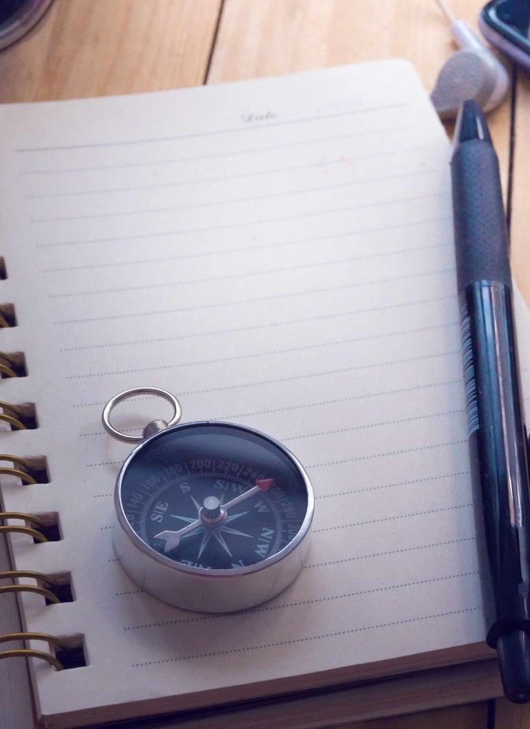 A compass on top of a notebook, with a pen and camera on the side