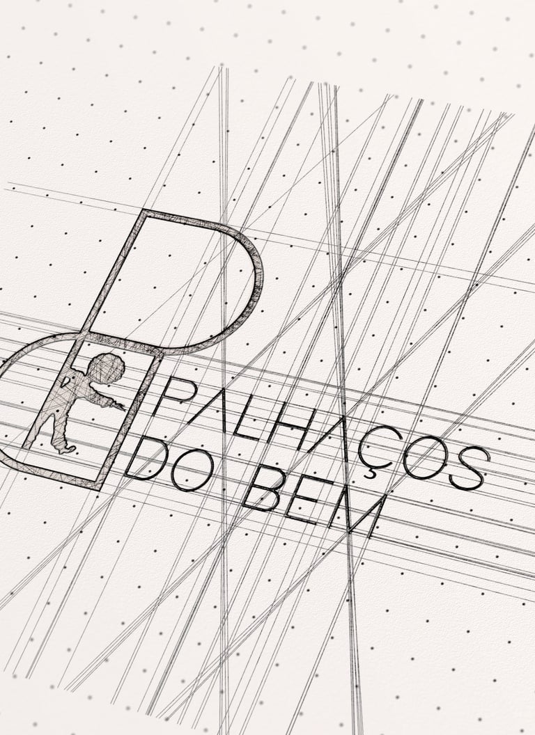 mockup do logo Palhaços do Bem em formato de desenho técnico