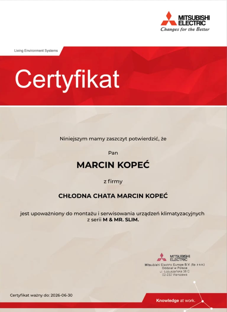 Certyfikat upoważniający do montażu i serwisowania urządzeń klimatyzacyjnych firmy Mitsubishi 