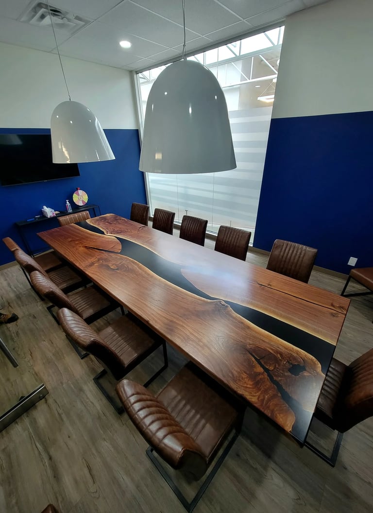 Black walnut black epoxy river conference table — full surface