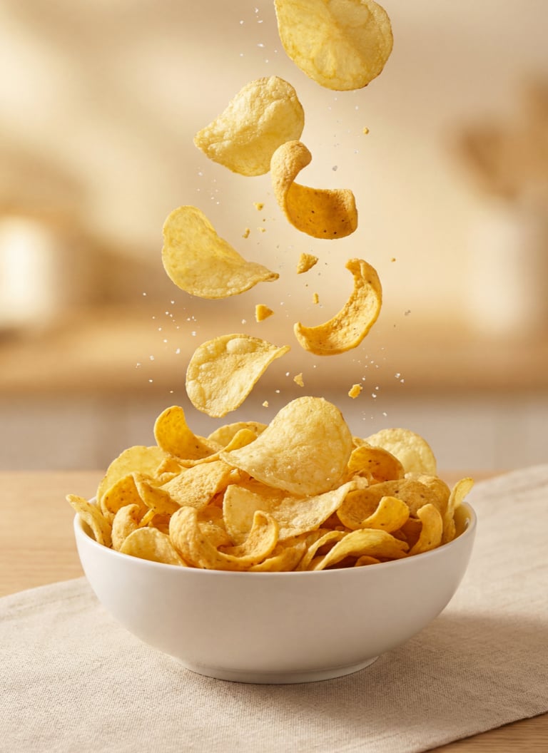 Crispy golden potato chips falling into a white ceramic bowl with scattered sea salt.