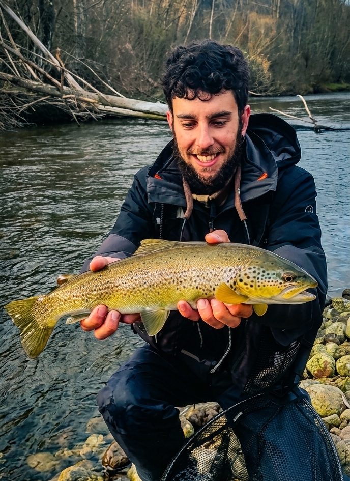 Guía de pesca con trucha en la mano pescada en el río Porma en León