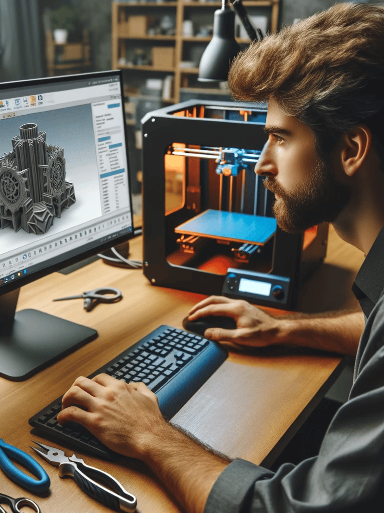 Collaborateur réalisant un plan 3D sur ordinateur CAO au bureau