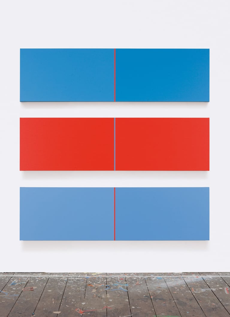 triptych painting in red and blue 