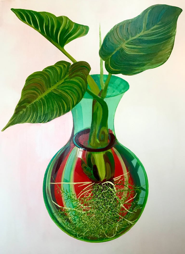 still life, paintings, fine art, acrylic, vase, plants, reflection, contemporary art, roots