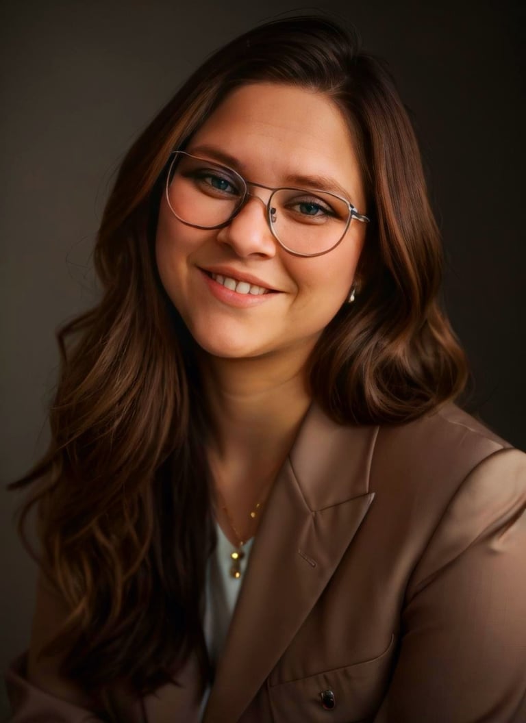 a woman in glasses and a suit jacket