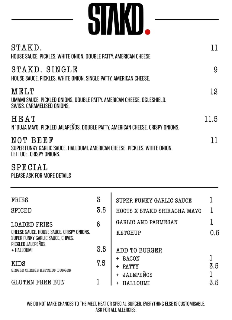 a menu of a restaurant called STAKD. that sells smash burgers, fries and drinks in the UK