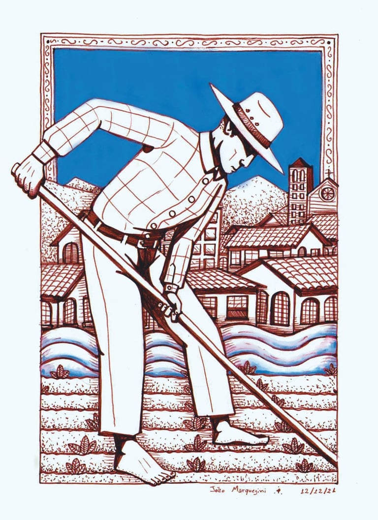 Obra de Jaum em homenagem ao seu avô Elbe Marquezini, de 2021, representando um caipira roçando a terra e ao fundo itapira