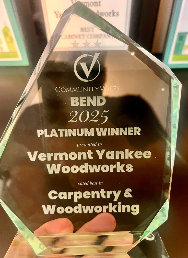 CommunityVotes Bend 2025 Platinum Winner award for Vermont Yankee Woodworks in carpentry and woodworking.