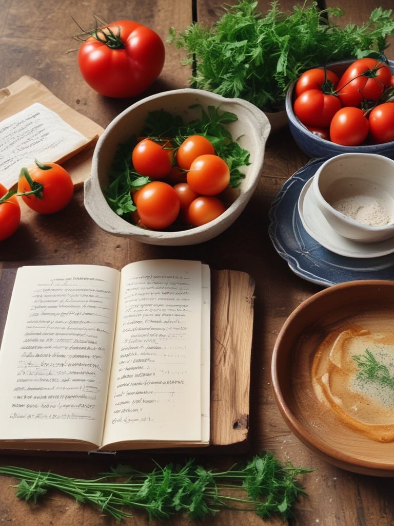 A cozy kitchen scene with a rustic wooden table filled with colorful fresh ingredients and a handwritten recipe card.