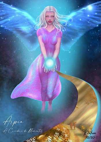 Desenho canalizado com base na cosmobiografia de Árpia A Criadora de Momentos. Uma anja, com vestido