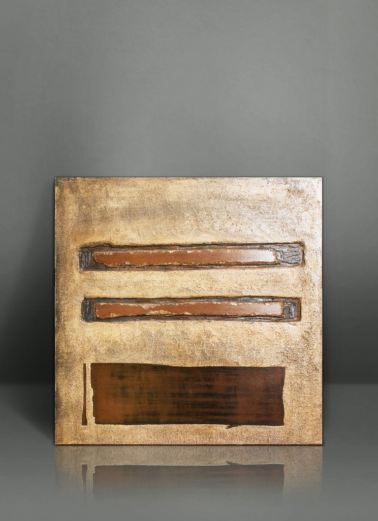 Textured gold and bronze abstract wall art featuring geometric horizontal bars.