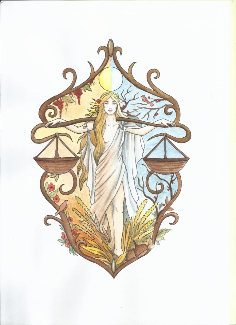 a drawing of a lady with a scale symbolizing autumn equinox