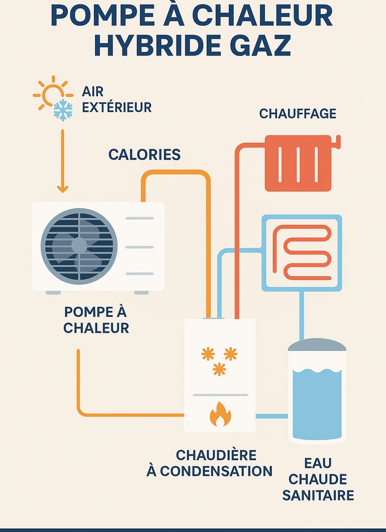 infographie fonctionnement pompe a chaleur hybride gaz pac eau chaude sanitaire