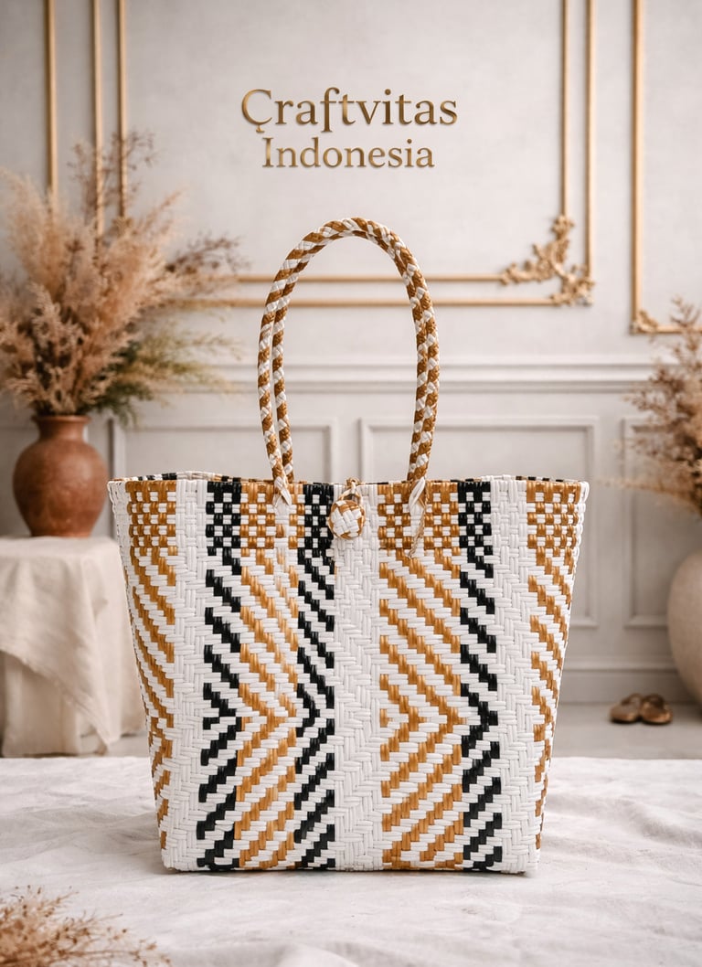 Tas anyaman plastik handmade warna putih coklat hitam motif zigzag etnik dari Craftvitas Indonesia