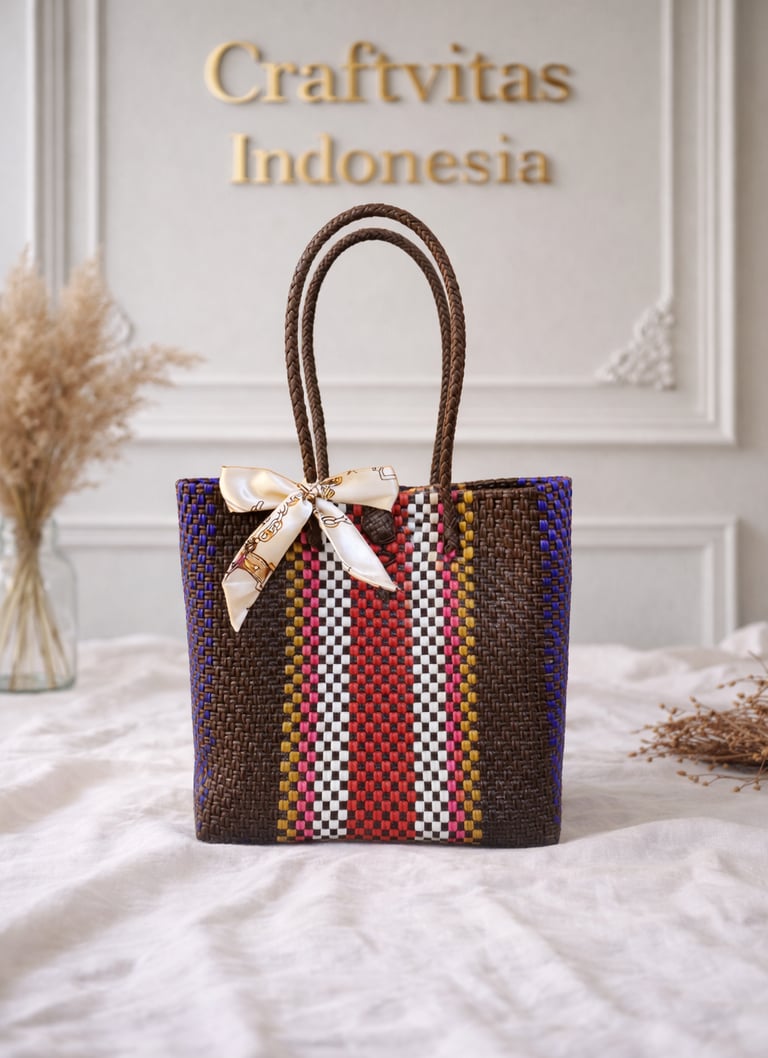 Tas anyaman plastik motif batik coklat merah handmade dari Craftvitas Indonesia