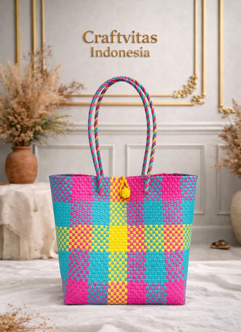 Tas anyaman plastik handmade warna biru pink kuning dengan motif kotak ceria dari Craftvitas Indonesia