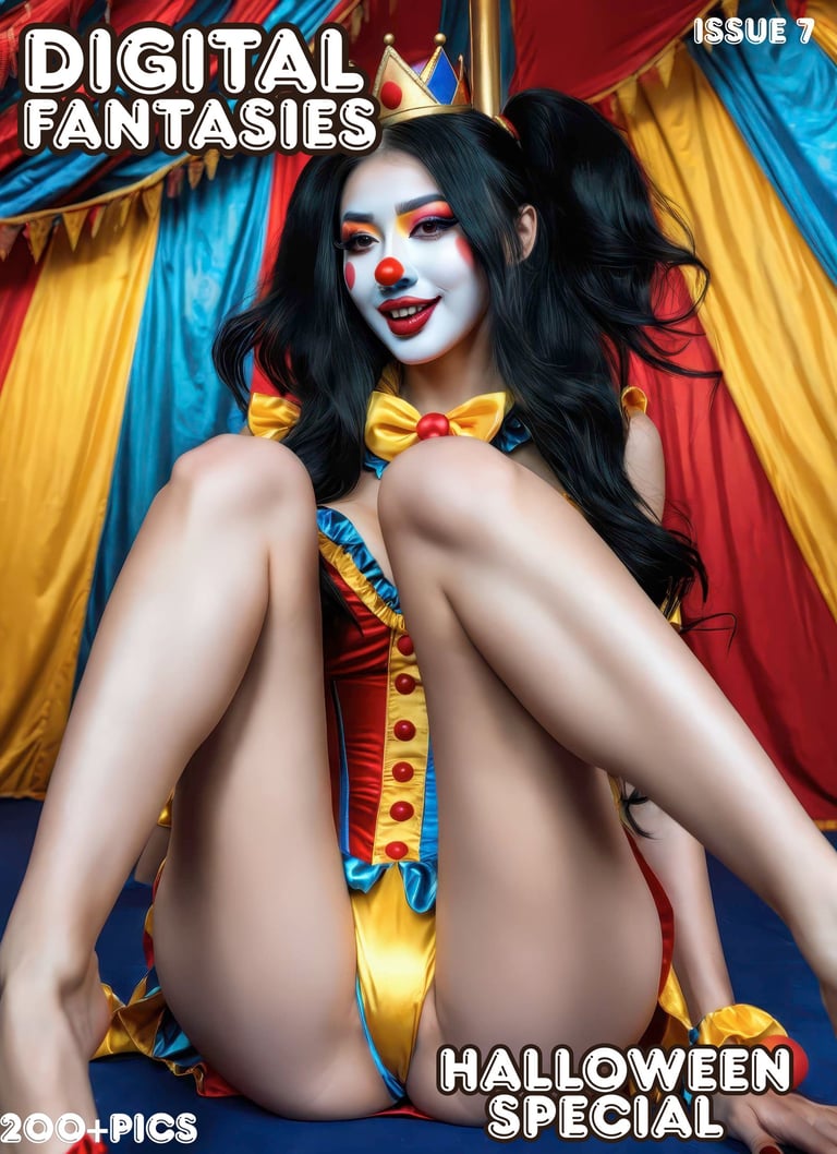Woman in sexy clown cosplay costume for Digital Fantasies Halloween Special magazine cover.