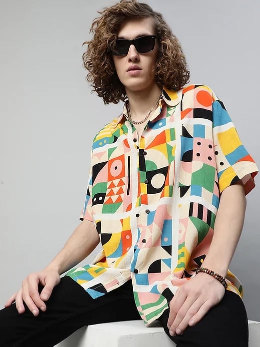 Geometrical digital print on cotton satin fabric for designer wear