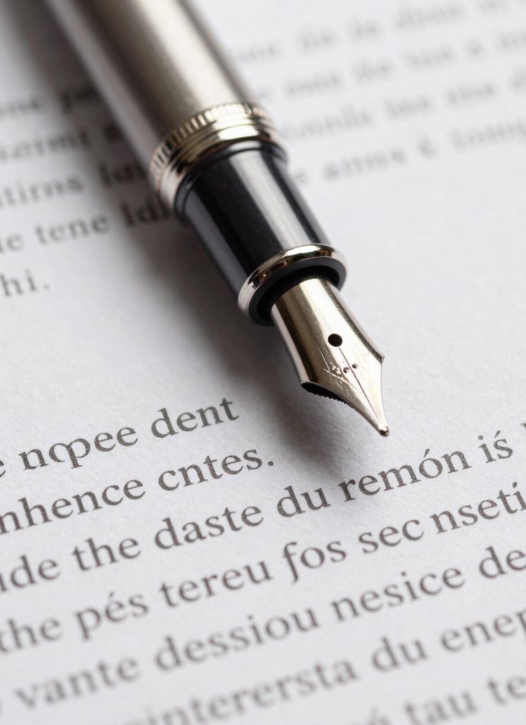 Macro close-up of a fountain pen resting on structured legal documents with elegant French text, soft side lighting, professional and quiet atmosphere