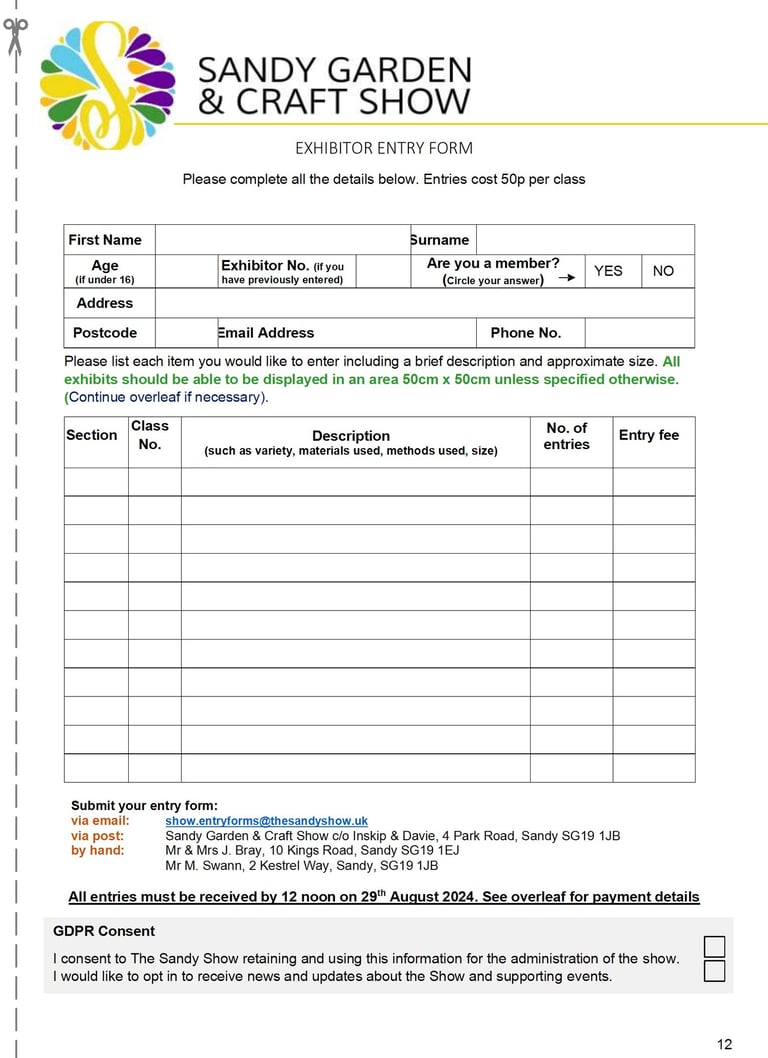 2024 Sandy Garden and Craft Show Entry Form