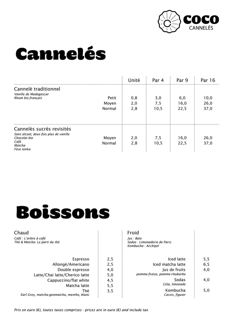 Une carte de cannelés et boissons