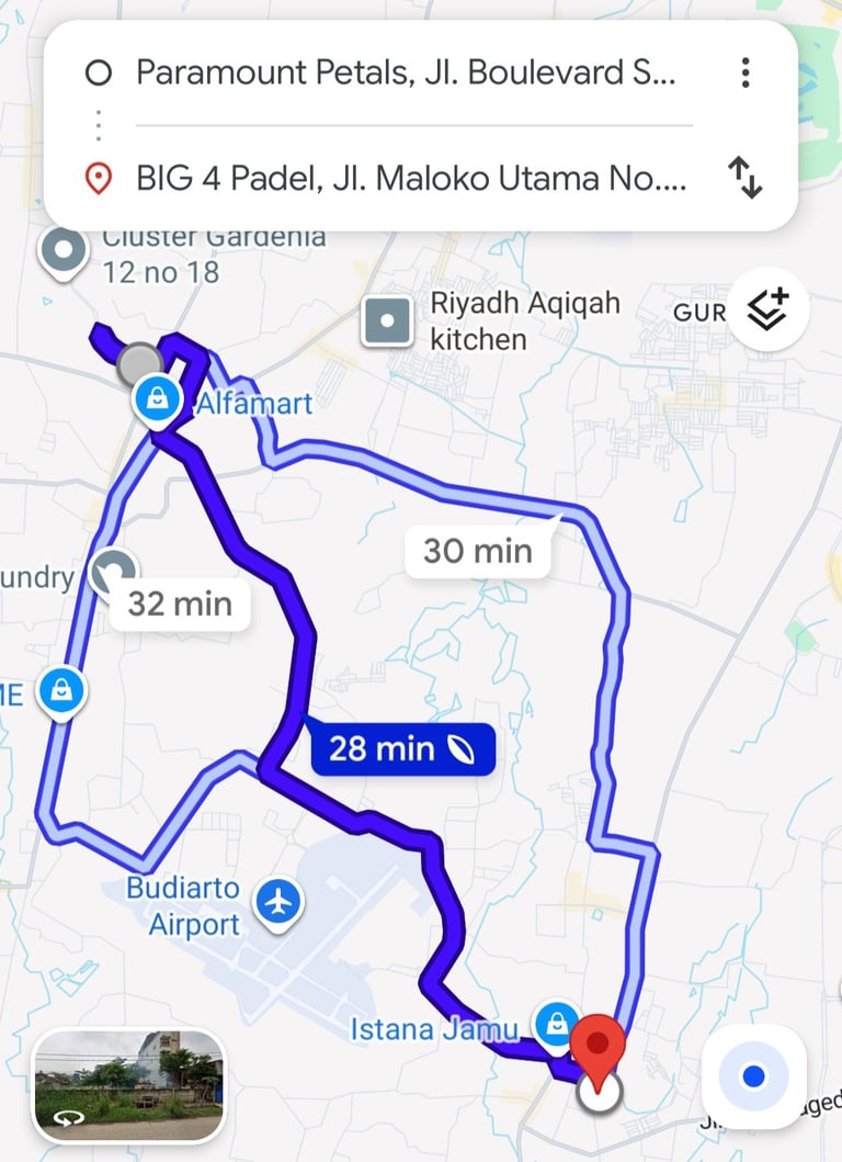 jarak waktu tempuh paramount petals ke lapangan padel big4padel