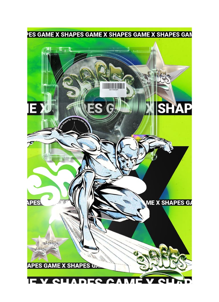 Silver Surfer graphic on a vibrant green Shapes Game poster featuring a futuristic CD case design.