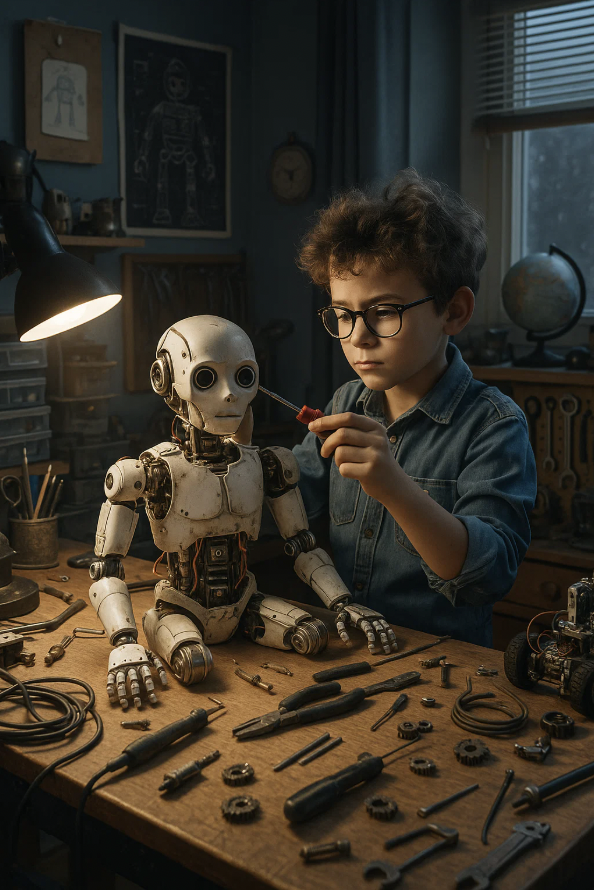 Un garçon bricole un robot pour la journée mondiale des compétences des jeunes.