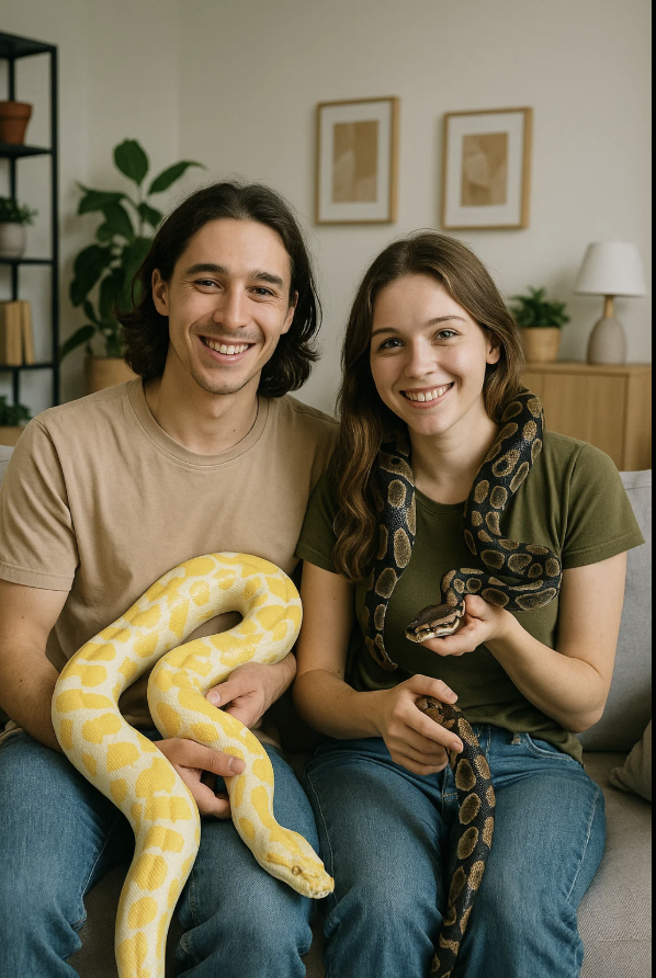 Un couple avec des Serpents chez eux pour la journée mondiale des serpents.