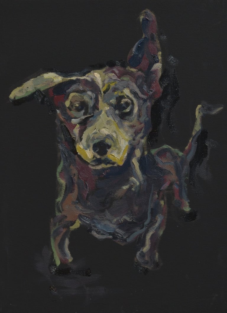 Shelter dog oil painting by Lina Mikuzyte