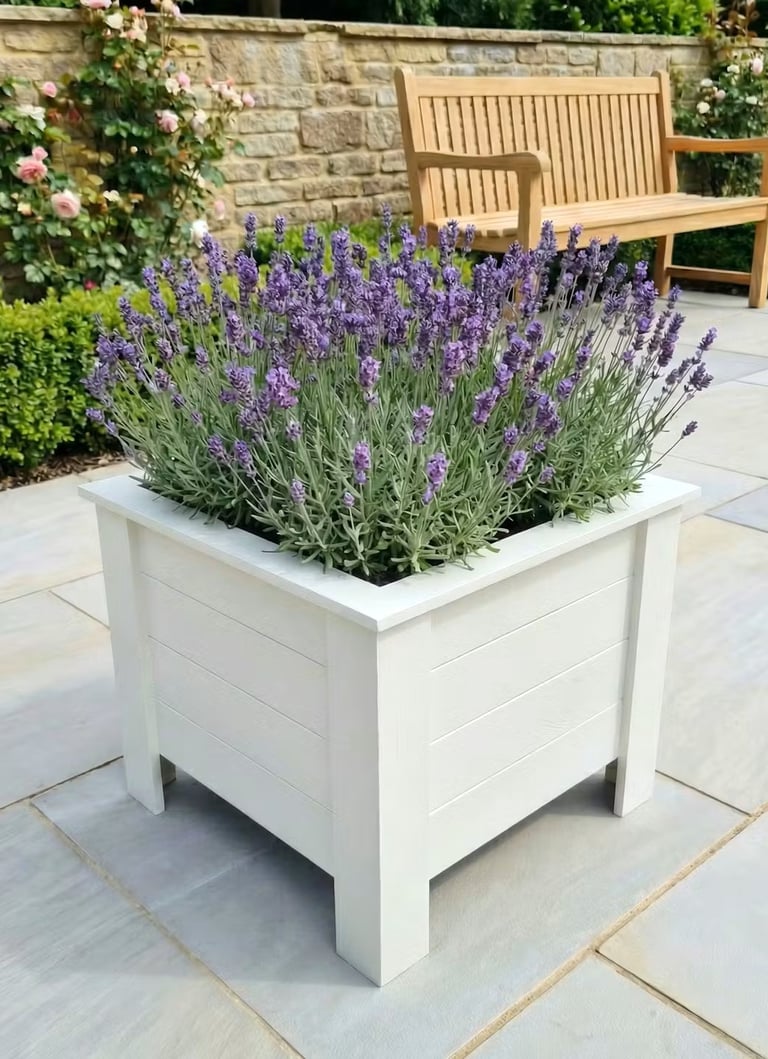 Large flower plant box wooden square planter on legs painted in white made from wood handmade in UK outdoor pot garden patio 
