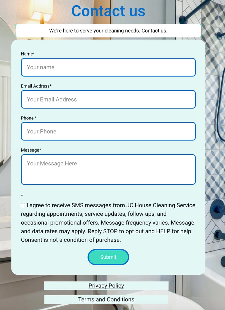 Contact us form for JC House Cleaning Service featuring fields for name, email, phone, and message.