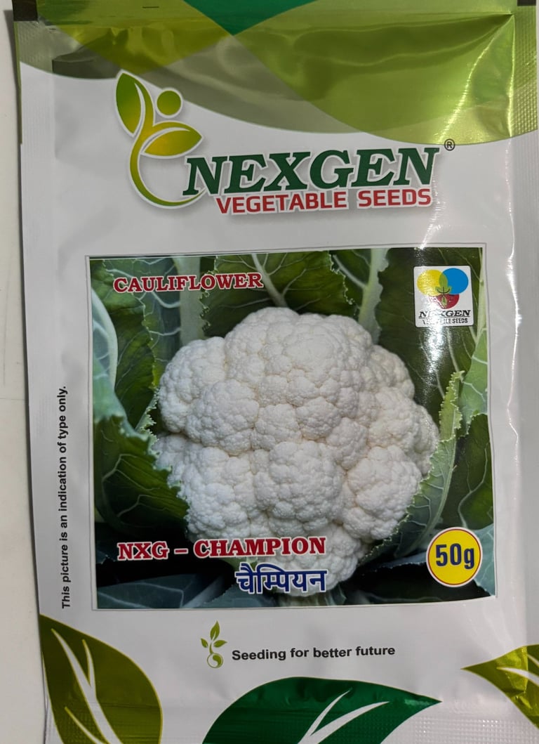Nexgen vegetable seeds packet for NXG Champion cauliflower variety with white curd and green leaves.