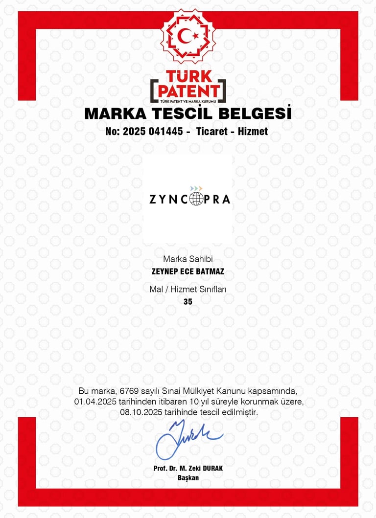 Zyncopra® marka tescil belgesi, Türk Patent, sınıf 35