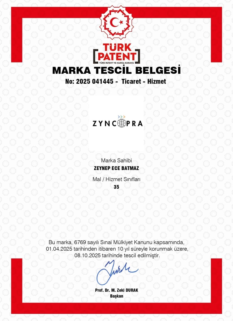 Certificado de marca Zyncopra®, Oficina de Patentes de Turquía, clase 35