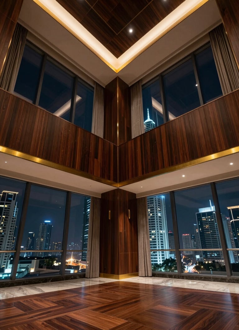 Wide shot of a luxury South Asian penthouse interior, double-height ceilings, dark wood finishes, gold accents, floor-to-ceiling windows showing Mumbai city lights.