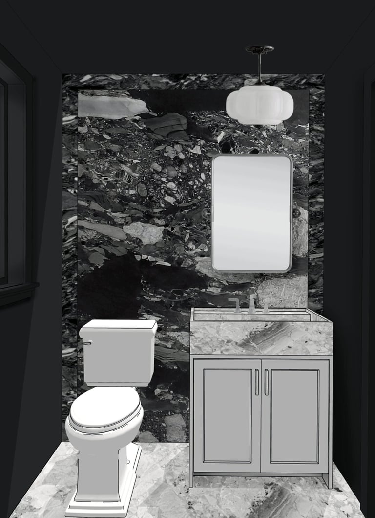 Powder room design simulation, dark marble feature wall, colonial renovation Reading MA, Erica Fossati Design