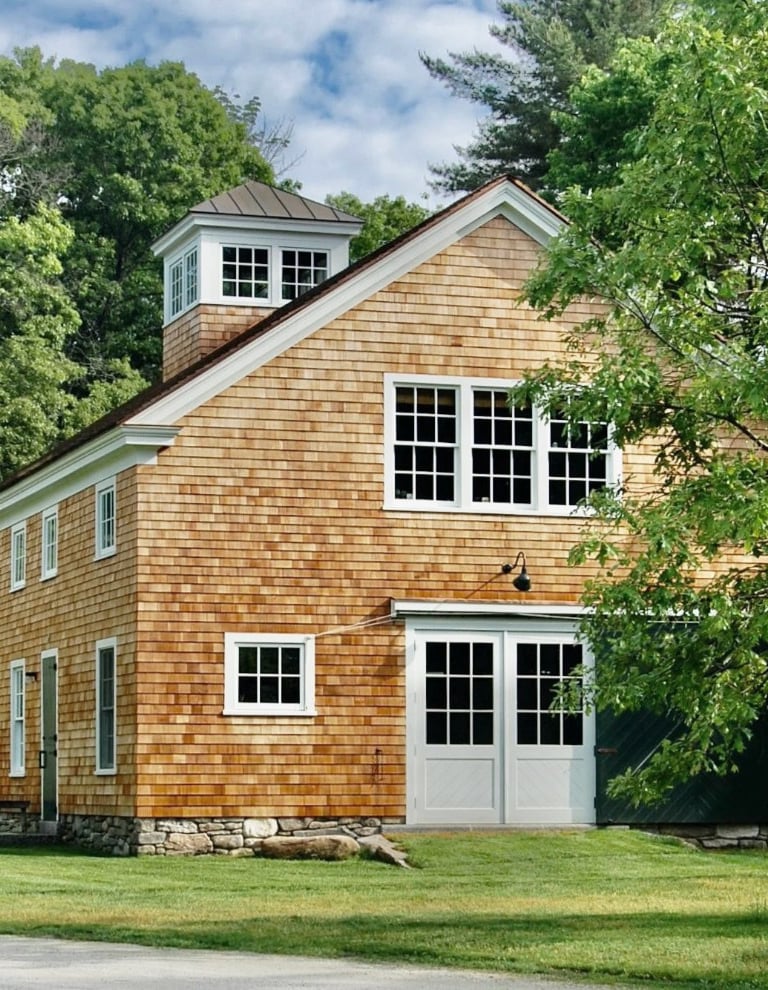 1800 oak timber frame barn, cedar shingles, cupola, Essex Green doors, Concord MA, Erica Fossati Design