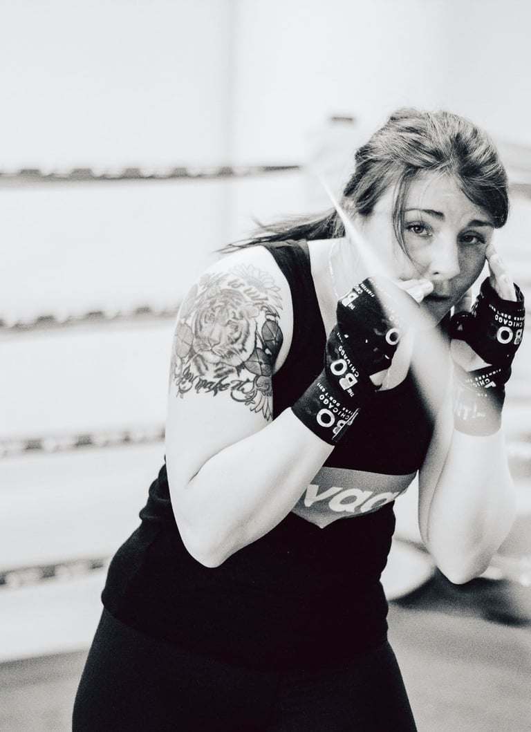 Pro Boxer Sarah "Savage" French, black and white digital photo by Jasmin Huitzil
