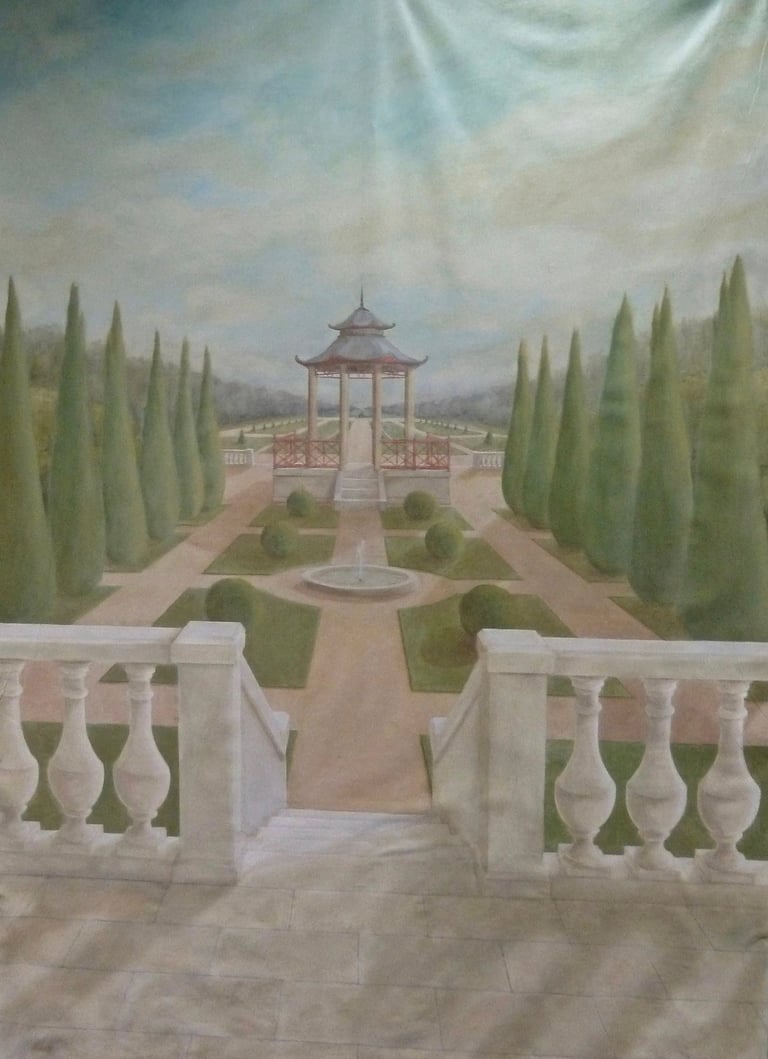 Décor mural peint sur une toile, imitant le style des décors des jardins à la Française du XVIII