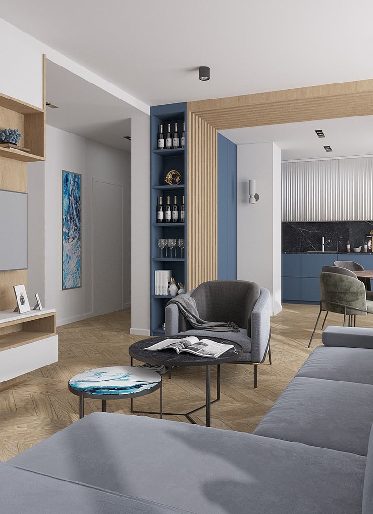 Szczecin apartamenty na sprzedaż – nowoczesne wnętrze mieszkania z salonem i kuchnią, wysoki standard wykończenia