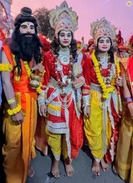 Grand Ram Barat procession at Kota Dussehra Mela featuring Lord Ram, Laxman, and Maharishi Vishvamitra.