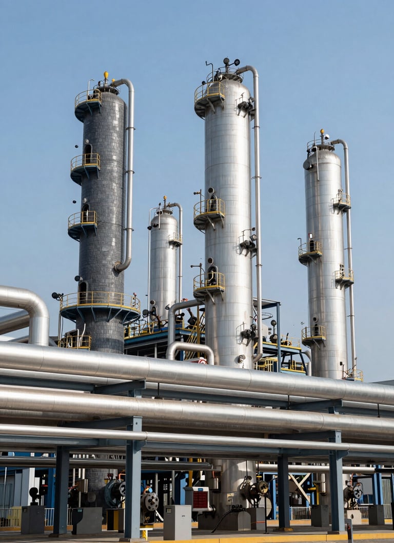 Crisp architectural view of a modern chemical processing facility, clean steel pipes, industrial slate gray structures under bright daylight.